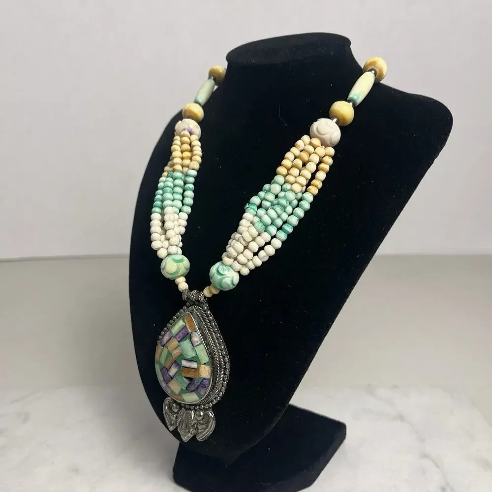 Mosaic Teardrop Pendant Western Tribal Multi Strand Beaded Necklace Silver Tone